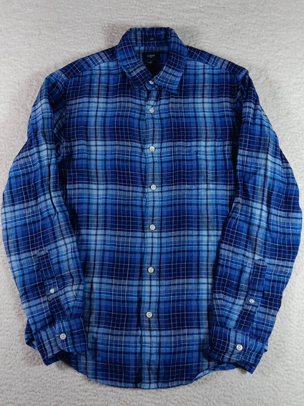 J Crew Shirt Mens Small Blue Slim Fit Long Sleeve 100% Linen Chambray Plaid